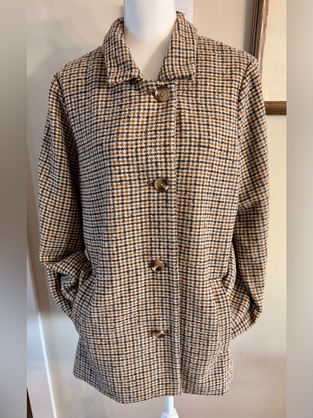 NWT Old Navy Navy & Gold Houndstooth Pea Coat Size L